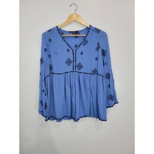 Roamans Women's Blue Embroidered Peasant Blouse Top Plus Size 16W